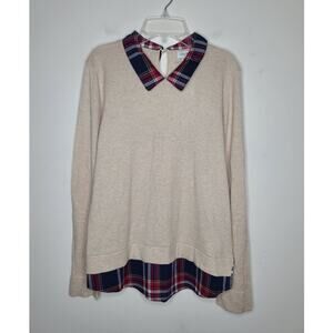 NWT J Crew tan cotton sweater with red blue plaid collar trim - medium